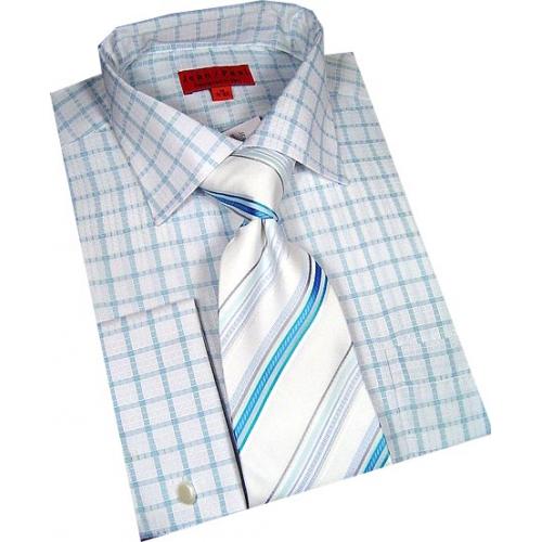 Jean Paul White/Turquoise Checked Shirt/Tie/Hanky Set JPS-18